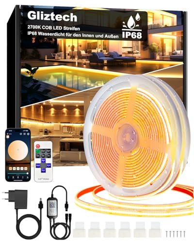 Cinta LED Cob 30M(2X15M) Exterior IP68 Impermeable, Tira LED Blanca Cálida Autoadhesiva 2700K Fuente de Alimentación 24V Led Cob Aplicación y Mando a Distancia para el Techo Delantero, Jardín, Piscina