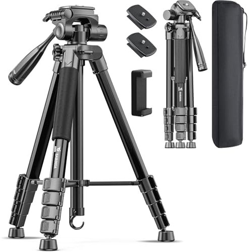 Trípode de cámara de 73 pulgadas, soporte de trípode para cámara, compatible con GoPro/DSLR/teléfono celular/videocámara, trípode profesional de aluminio con soporte para teléfono, bolsa de viaje,