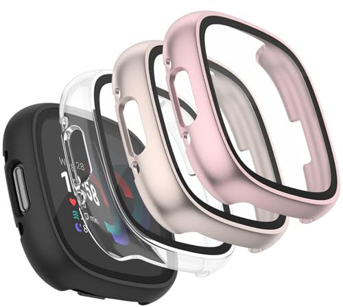 Mugust【4 Stück】 Schutzfolie für Fitbit Versa 4 Schutzhülle, Hard PC Cover Vollschutz Display Schutz Hülle für Fitbit Sense 2 Schutz Case (Schwarz+Transparent+Sternenlicht+Roségold)