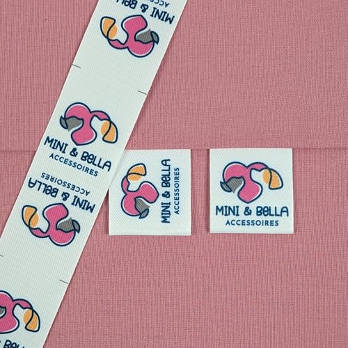 baumwollähliche Polyesterlabels mit deinem Logo bedruckt, personalisierte Textiltiketten, dein eigenes Weblabel mit Grafik, verschiedene Varianten und Mengen