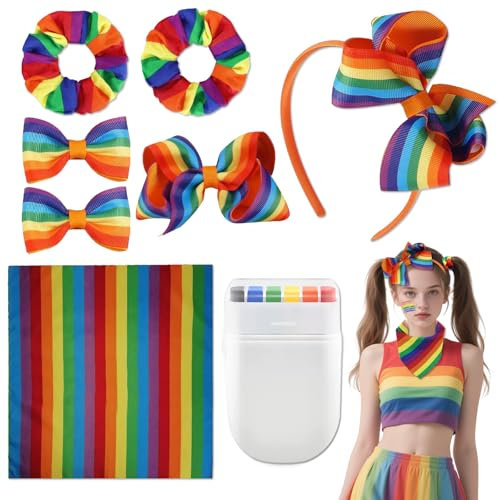 Arco Iris y Pintura de Cara de Maquillaje del Orgullo LGBTQ+ - 1 Banda de Cabeza Arco Iris, 3 Pinzas con Lazo Arco Iris, 2 Diademas Arco Iris, 1 Set de 6 Colores para Pintura Facial