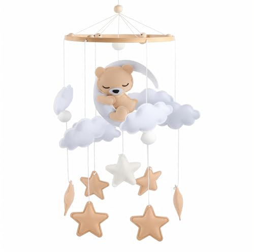 Mobile Baby Babybetten, Hängende Bettglocke, Baby Mobile Windspiele Schlummernder Bär mit Holzring, Baby Mobiles Filz mit Filzbällen Holz für Babyzimmer Deko, Wickeltisch (Beige)