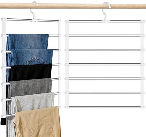 2 Stück Hosenbügel Platzsparend, 6 Etagen Edelstahl Kleiderbügel Hosen | Mehrfach Faltbare Hosenbügel, Kleiderbügel für Hosen, Jeans, Handtücher, Schals, Krawatten