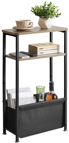 Aibiju Schmaler Beistelltisch, schmaler Kleiner Tisch 40 x 20 x 66 cm, 3-stufiger Beistelltisch mit Aufbewahrungskorb aus Stoff, Kleiner Nachttisch für Schlafzimmer, Wohnzimmer, Hellgrau YD-ST002Y