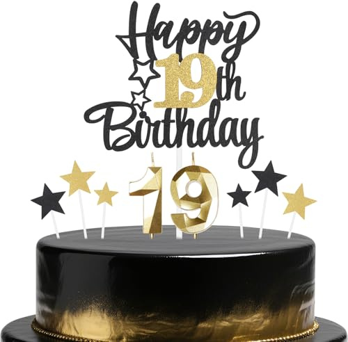 Black Gold 19th Birthday Candles Cake Toppers Set,19th Birthday Decorations for Boy,Golden Number 19 Candle for Cake,Gold Candle Black Star Cupcake Toppers for Girls Boys Birthday Party Supplies