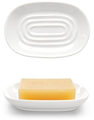 Aenfaiy Ceramic Soap Dish for Bath Sink- Modern White Bar Soap Holder for Shower - Easy to Clean Multi-Purpose Oval Soap Dishes for Soap Bar, Sponges, Jewelry, Small Items | Fits Bathroom & Kitchen