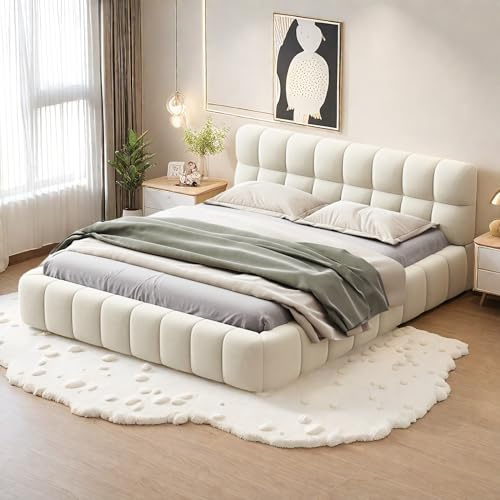 Yeutre Bubble Bett, 140 x 190 cm, Doppelbett, mit Kopfteil, Rückenlehne und gepolstertem Rand, Lattenrost, Doppelbettrahmen für Erwachsene und Jugendliche, Leinen, ohne Matratze (Beige)