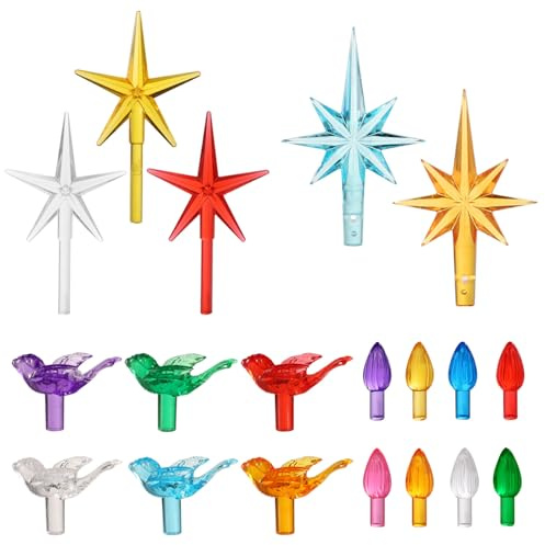117pcs Ceramic Christmas Tree Replacement Bulbs, Includes Twisty Wavy & Bird-Shaped Peg Lights with Assorted Star Toppers for Xmas Tree Decoration
