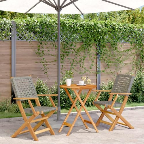 QJBSAVVA 3-TLG. Bistro-Set Gartentisch 60 cm Klappbar Poly Rattan Akazie Grau Robuster Gartentisch mit 2 Gartenstühlen Modernes Design für Balkon Terrasse Camping