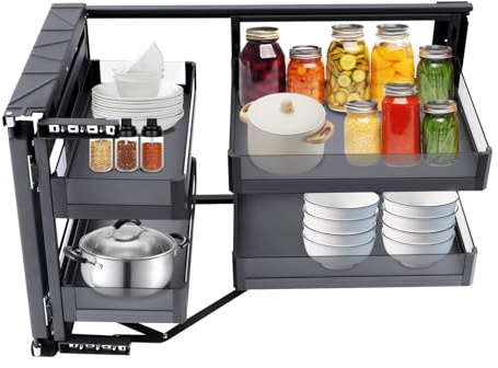 LUNICASHA Ausziehbare Schublade Küche, Karussell Eckschrank mit 4 Lagerkörben, Eckschrank Küche Organizer, Links- und Rechts Öffnende, Maximale Tragkraft pro Korb 15 kg