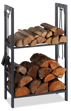 LOKLNEYK Kaminholzregal mit 2 Ablagen aus Stahl, Brennholzregal Freistehend für Indoor & Outdoor, Feuerholzregal mit 4 Haken für Kaminbesteck, Stabiler Kaminholzständer Anthrazit