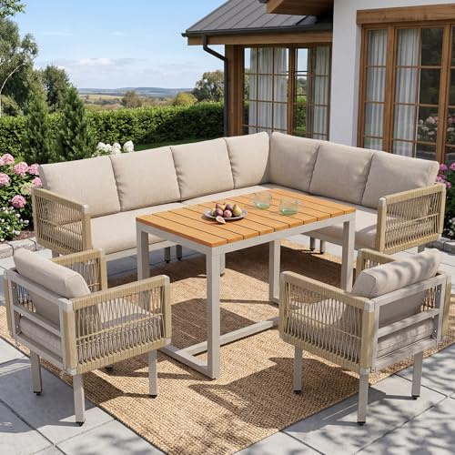 Yrxin Juego de 6 muebles de jardín, sofá de esquina con 2 sillas y mesa, estructura de acero resistente a la intemperie, diseño de trenzado, cojines, salón al aire libre para balcón y terraza (Beige-B