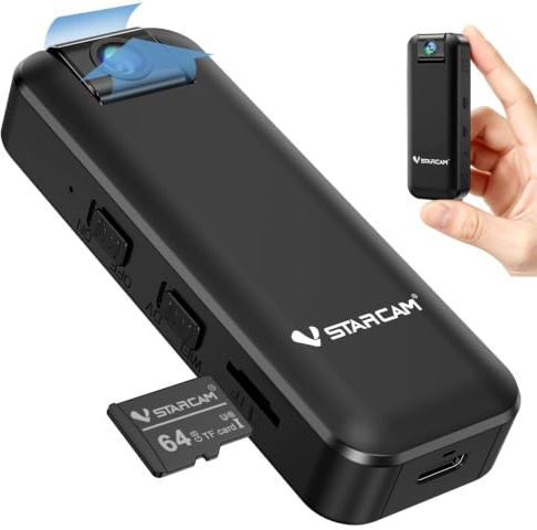VSTARCAM 2K Bodycam Mini mit Tonaufnahme und 64GB Speicherkarte, 180° Drehobjektiv, IR Nachtsicht, 1500mAh Akku, Tragbare Körperkamera für Fahrrad, Vlogging und Meetings
