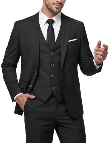 MY'S Men's 3 Piece Slim Fit Suit Set with Tie, 2 Button Blazer Jacket Vest & Pants, Business Wedding Party Prom Suit for Men, Black Medium
