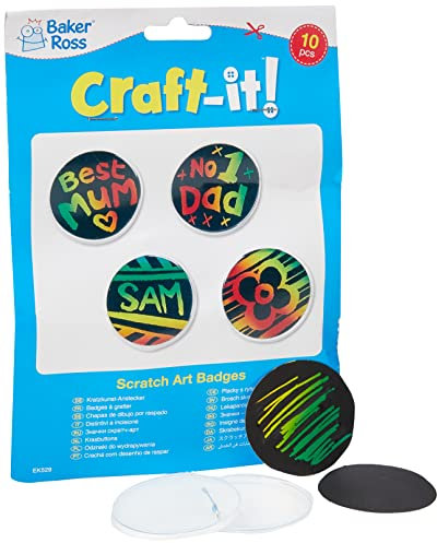 Baker Ross EK529 Kratzkunst-Anstecker, perfekt für Kinder zum Gestalten und Dekorieren, ideal für Heimaktivitäten, Bastelgruppenaufgaben und Schularbeit, 10 Stück, sortiert