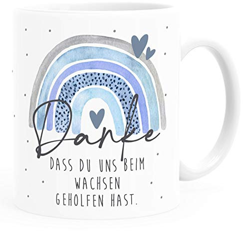 SpecialMe® Tasse Danke dass du uns beim Wachsen geholfen hast Abschiedsgeschenk Kindergarten Geschenk Erzieher Tagesmutter blau weiß Keramik-Tasse