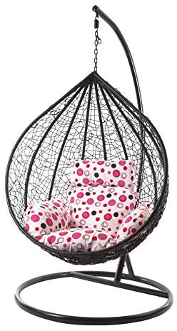 Kideo Komplettset: großer Hängesessel mit Gestell & Kissen, Korbsessel, Poly-Rattan (Korb & Gestell: schwarz, Kissen: Punktmuster Nest (1039_spotondote))