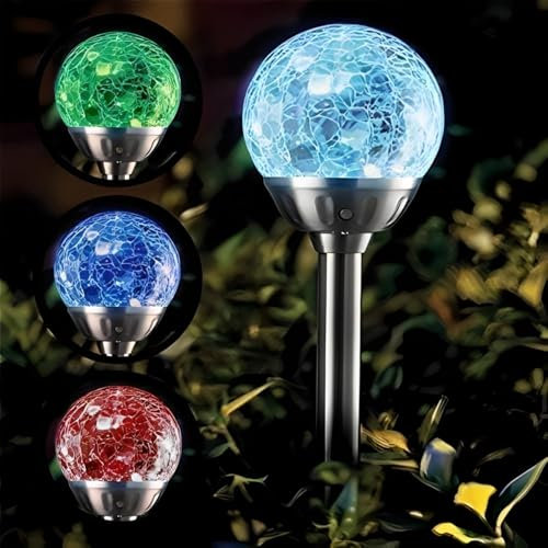 B-W Home Beauty Crack Ball Color Changing Glass Solar Powered Globe Lights | Outdoor Garden Lighting | Outdoor Garden Pathway Lighting | Garden Lights | Pathway Light