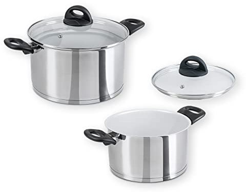 Genius Cerafit Steel Kochtopf-Set 20cm (3,6l) + 24cm (6l) mit Glasdeckel - Edelstahl-Topf beschichtet | Nudeltopf für alle Herdarten & Induktion | Sandwichboden mit Aluminiumkern