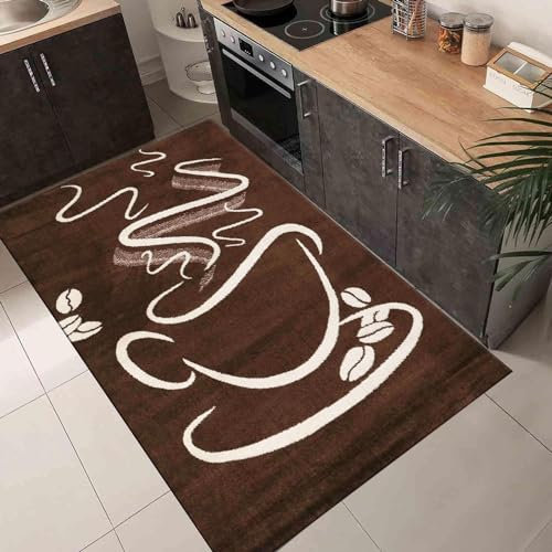 VIMODA Küchenteppich Braun Trendiger Kaffee Teppich, Cappuccino Muster Tasse Kurzflor, Maße:140x200 cm