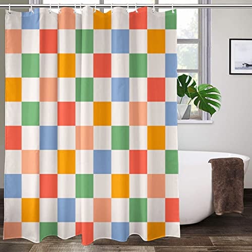 Lovetar Duschvorhang, Retro-Design, kariert, Vintage, 60er-Jahre, 70er-Jahre, waschbar, wasserdicht, Stoff, Badezimmer, Dekoration, Kunst, mit 12 Haken, 183 x 183 cm
