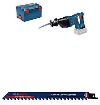 Bosch Professional Säbelsäge GSA 18 V-LI (inkl. 2xSäbelsägeblatt (Holz/Metall), ohne Akkus Ladegerät, in L-BOXX) + 1xExpert ‘Aerated Concrete’ S 1141 HM Säbelsägeblatt (für Porenbeton,Länge 225 mm)