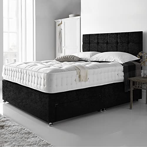 DBZ BEDS Reinforced Double Bed Set 4 FT 6 with 2000 Series Mattress - Black Crushed Velvet Divan Beds Set with Various Storage Options – 26 Inch Headboard with Chrome Glider Feet (Double)