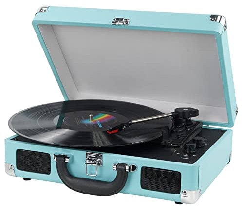 Mersoco Giradischi Bluetooth, 3 velocità, custodia vintage portatile con altoparlanti integrati, uscita RCA, AUX-in Incluse