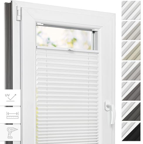 Estika Thermo Plissee mit Bohren - 55 cm x 200 cm - Farbe: Weiß - Plissee Blickdicht, Fenster rollos für innen, Plissee Verdunklung, Rollos für Fenster