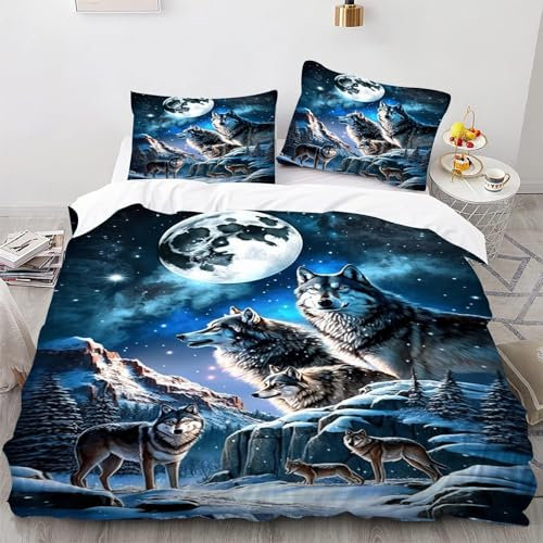 SMchwbc Wolf Bettwäsche 135x200cm Kinder Tier 3D Wolf Bettbezug Set Für Jugendliche, Wolf Bettwäsche-Set 3teilig Schwarz Blue Mit Reißverschluss (135 x 200 cm,3)