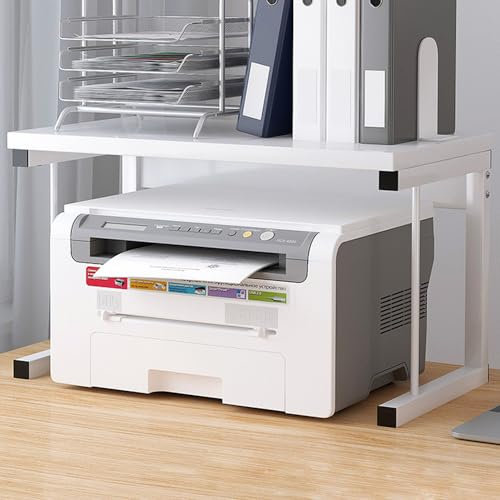 Pantanal 2-Tier Printer Desktop Stand, Home Office Tabletop Storage Organizer Shelf, Multi-Purpose Counter Rack for Scanner, Fax Machine, Books, Files, Wood Free Standing Shelf Unit, White
