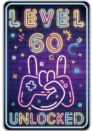 Blechschild 60. Geburtstag Mann Frau, SCHILD Level 60 UNLOCKED, Geschenke für den 60 Geburtstag Mann Lustiges Geburtstagsschild 60, Gamer Geburtstagskarte 60 Metallschild Zocker Gaming Zimmer Deko