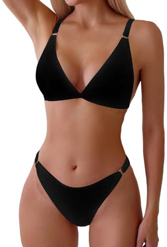 ZAFUL Damen-Badeanzug, 2-teilig, Blumendruck, dreieckig, hoch geschnitten, Bikini-Set, 1-schwarz, Large
