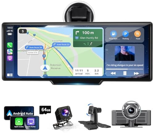 10,26 Zoll 4K Wireless Carplay Display Android Auto Display,Autoradio Kabelloses Carplay Bildschirm,Android Auto Bildschirm mit AUX/FM,Dash Cam,Rückfahrkamera,Mirror Link,Bluetooth für alle Fahrzeuge