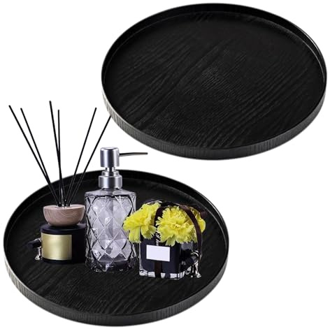 PRIOTK Rund Schwarz Dekotablett 30 cm: 2 Stück Kerzenhalter Kerzentablett, Deko Tablett Holzstruktur, Dekorative Kerzen Tabletts für Stumpenkerzen Dekoratives, Couchtisch Organizer Kerzenteller