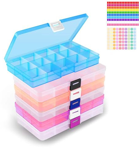 ROEOWENE 6 Pezzi Scatole Portaoggetti Plastica con 15 Scomparti Stoccaggio Contenitore Piccole Portaoggetti per Gioielli,Perline,Oggetti Custodia Trasparente con Coperchio Stoccaggio con Divisori