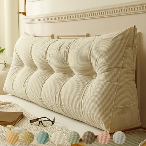 Rückenkissen Bett Beige 200cm, Groß Lesekissen für Bett und Sofa, Cord Bettkissen Rückenlehne Rückenpolster Keil Kopfteil Kissen, Dreieckige Rückenstützkissen Keilkissen Lendenkissen Kopfkissen