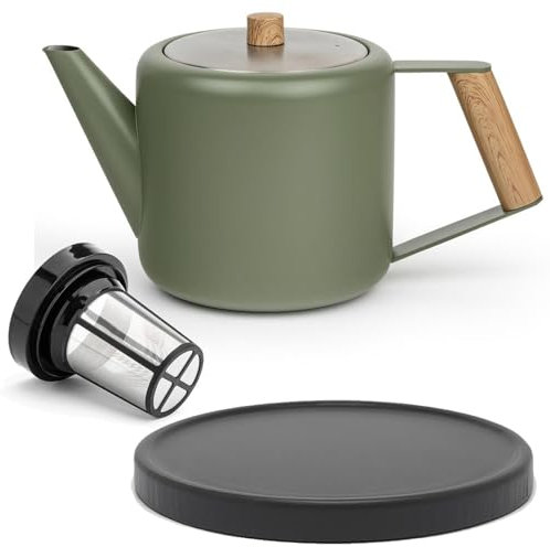 Bredemeijer grüne doppelwandige Teekanne 1.1 Liter aus Edelstahl - große isolierende Edelstahlkanne mit Teefilter-Sieb-Aufsatz & schwarzem Holzuntersetzer