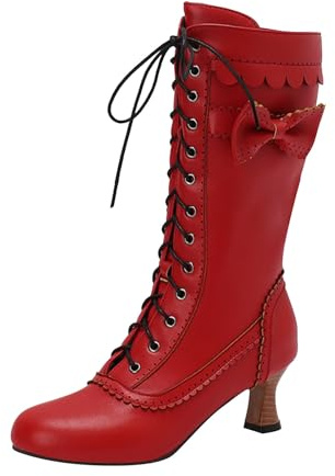 Xbemkste Trachtenstiefel Damen Vintage Viktorianische Stiefel Schnürstiefel Mittelalter Schuhe Mittelkalb Hochzeitskleid Elegant Langschaftstiefel Winterschuhe