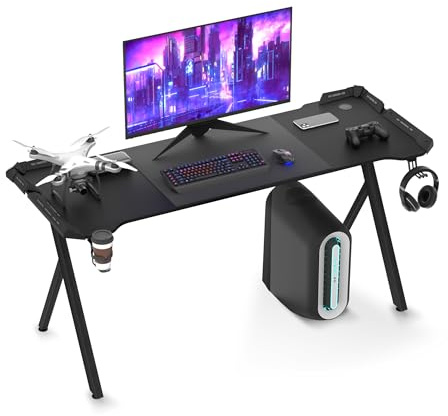 XMTECH Gaming Tisch Schwarz mit RGB LED, Carbon Tischplatte, 160 cm PC Schreibtisch, Computertisch, Y-förmige Beine, ergonomisch, Becherhalter & Kopfhörerhaken, für Gaming, Streaming & Homeoffice