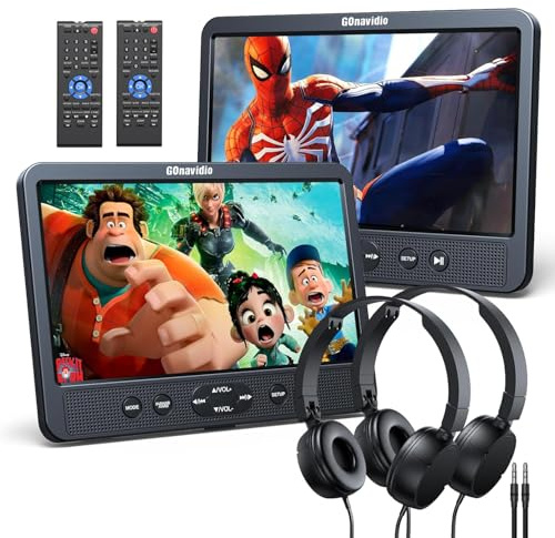 GOnavidio 10.1 Dual Car DVD Players with HDMI Input, Headphones, Mounting Brackets, Support USB/SD Card, AV in/Out, Last Memory, Play A Same or Two Movies, No Battery