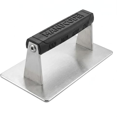 Manucode Smash Burgerpresse, 304 Edelstahl, Spülmaschinenfest, 21 x 10,8 cm | Baconpresse mit Silikongriff, rechteckig für Bacon, Steak und Toast, hitzebeständig, für Grillfans, 1,13 kg