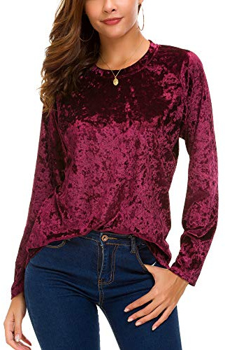 Women's Vintage Velvet T-Shirt Casual Long Sleeve Top (L, Maroon)