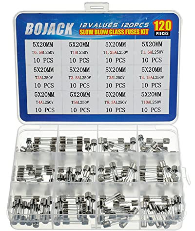 BOJACK 12 valores 120 piezas Kit de surtido de fusibles de vidrio de soplado lento 5x20 mm 250 V T0.5 1 1.25 1.6 2 2.5 3 3.15 4 5 6.3 10 A paquete en una caja de plástico transparente