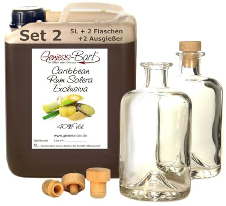 Caribbean Rum Solera Exclusiva 5L + 2 Flaschen & 2 Ausgießer Explosion karibischer Aromen & sehr weich 40% Vol