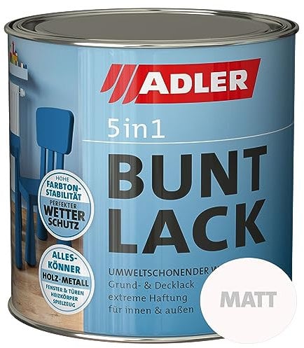 Adler Peinture colorée 5 en 1, pour l’intérieur et l’extérieur, mate, avec apprêt, résistante aux intempéries, pour le bois, le métal et le plastique