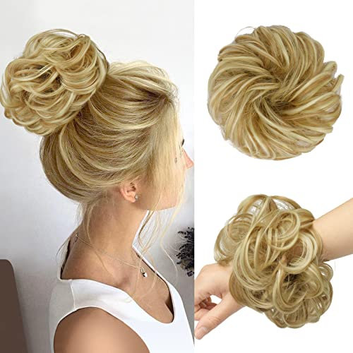 FESHFEN Haarteil Mit Gummiband, Groß Dutt Haarteil Haargummi Mit Haaren Gelockt Haardutt Synthetisch Haarverlängerung Pferdeschwanz Haarteile für Damen Mädchen, Leichtestes Aschbraun & Bleichblond 55g