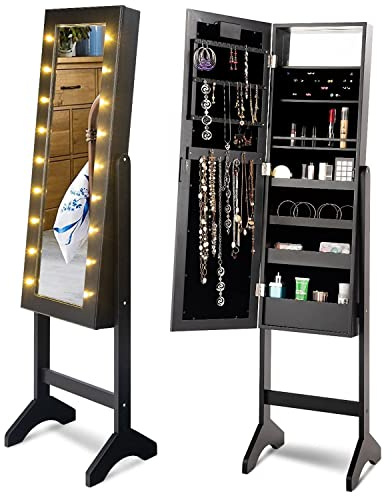 RELAX4LIFE Armoire à Bijoux sur Pieds avec Miroir et Lumière LED, Miroir Bijoux sur Pied avec 4 Couches pour Anneaux, Boucle d'oreille, Bracelet, 16 Rouge à Lèvres, Blanc/Noir (Noir)