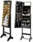 RELAX4LIFE Armoire à Bijoux sur Pieds avec Miroir et Lumière LED, Miroir Bijoux sur Pied avec 4 Couches pour Anneaux, Boucle d'oreille, Bracelet, 16 Rouge à Lèvres, Blanc/Noir (Noir)