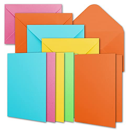 100 Kartensets inklusive Briefumschläge - Blanko Karten - bunter Farbmix - DIN A6 Einladungskarten aus 5 verschiedenen Farben - 10,5 x 14,8 cm